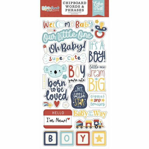 Echo Park - Baby On Board BoyCollection - Word And Phrases Chipboard Stickers - чіпборд