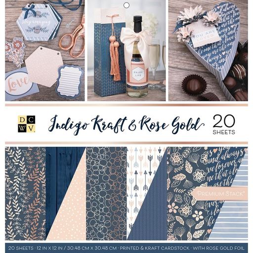 DCWV - Indigo Kraft & Rose Gold - Double-Sided Paper W/Rose Gold Foil Accents - 1/2 набору паперу 30.5х30.5 см
