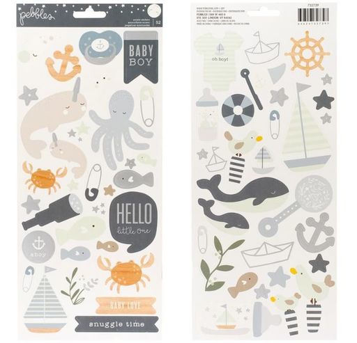Pebbles - Night Night Baby Boy Collection - Cardstock Stickers Icons & Accents W/Silver Foil - наклейки